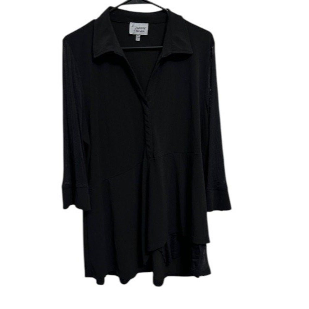 Lynn Ritchie Silver Black Tunic Top Blouse Long Sleeve Asymmetrical Womens Sz Lg